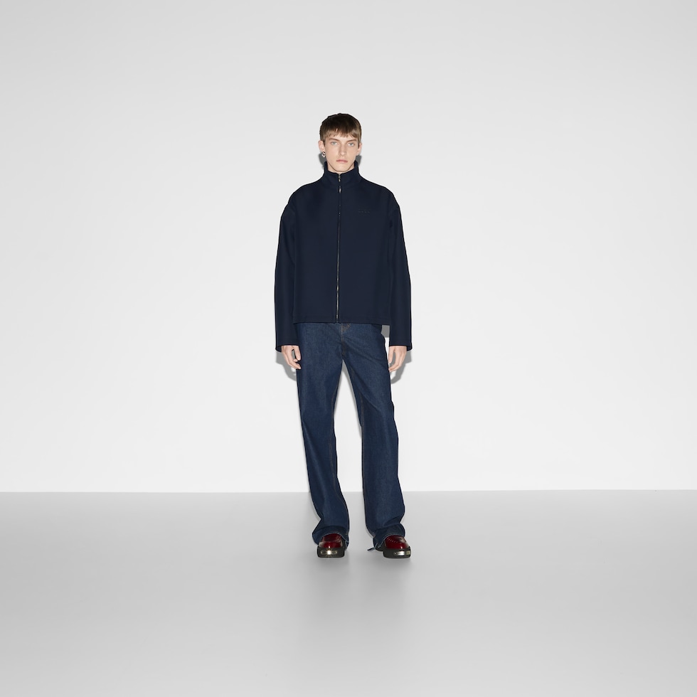 Wool acetate zip jacket with embroidery in dark blue | GUCCI® US