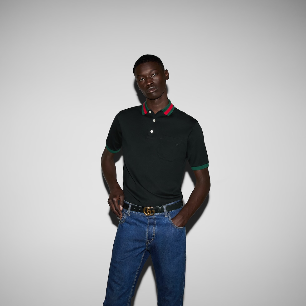 Cotton piquet polo with Web collar in navy | GUCCI® US