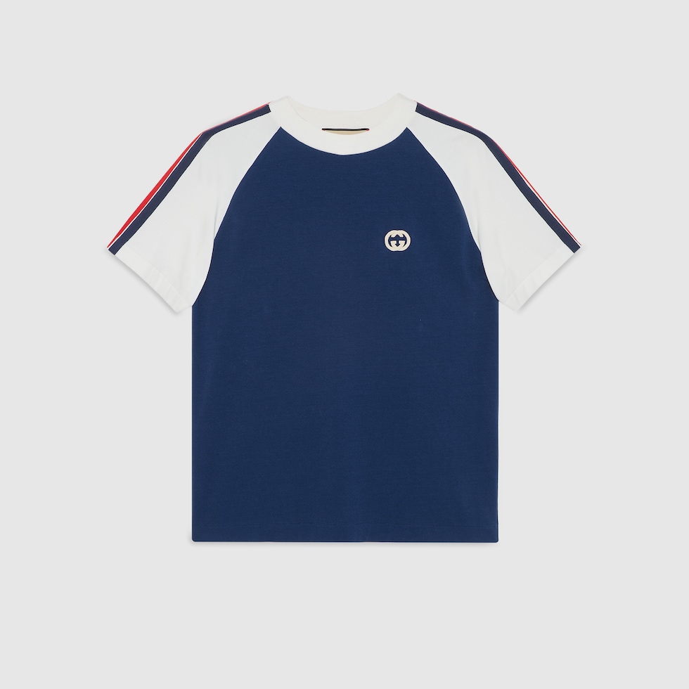 Cotton jersey T-shirt with patch in blue and white | GUCCI® US