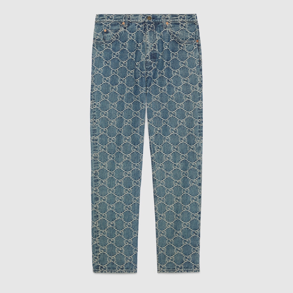 GG jacquard denim trouser in blue and white GUCCI ZA