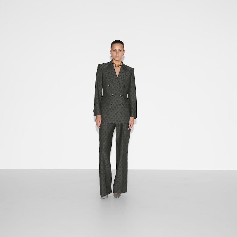 ジャケット GUCCI Single-breasted jacquard logo blazer GG jacquard blazer in beige - Gucci | Mytheresa