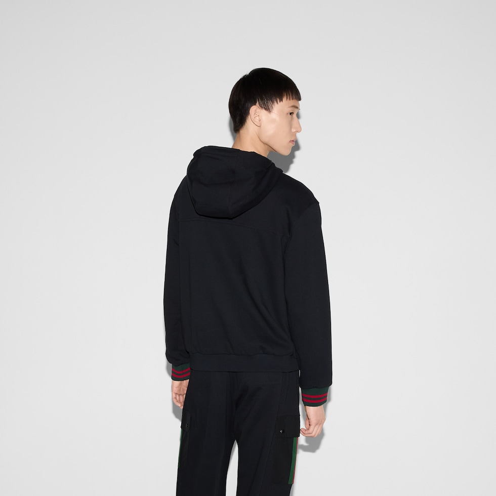 Cotton jersey hooded jacket with Web in black | GUCCI® US