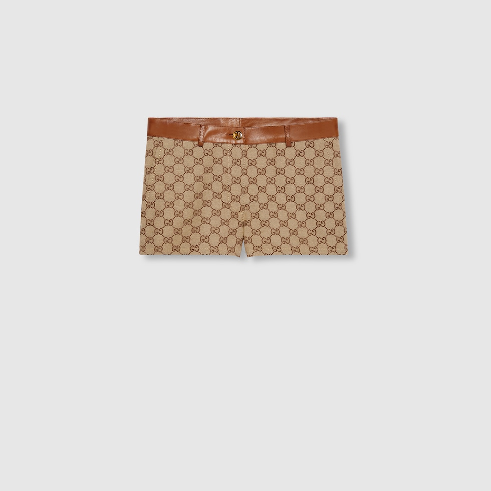 レザー トリム付き GGキャンバス ショートパンツ ・ベージュ＆エボニー