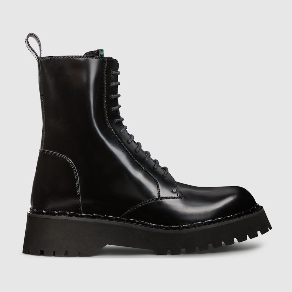 Men's boot with Web in black leather | GUCCI® US