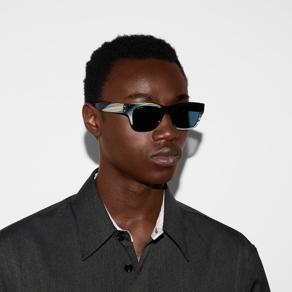 Rectangular frame sunglasses in black, beige and blue | GUCCI® US