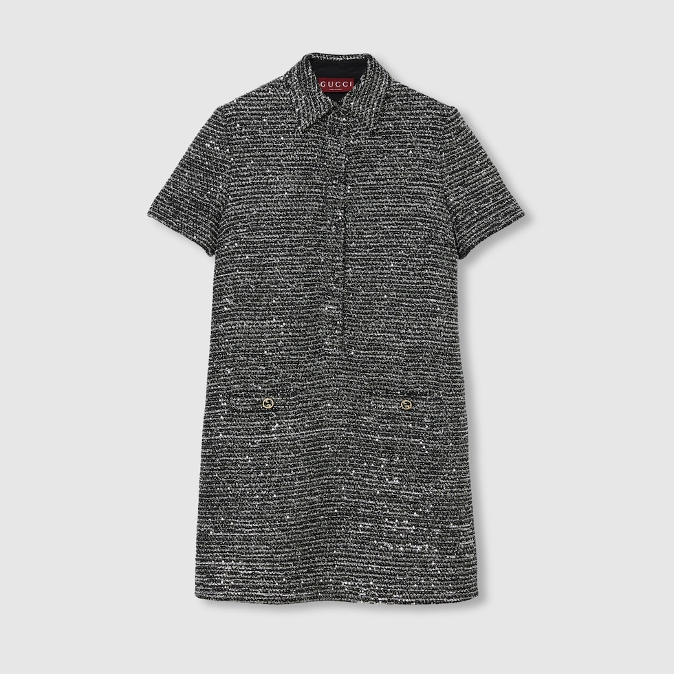 Short striped tweed lamé dress in black and silver | GUCCI® SG
