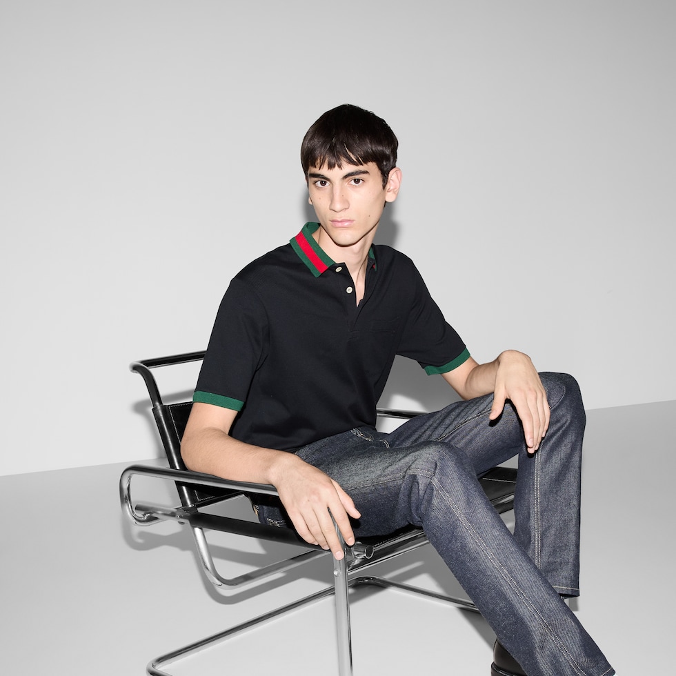 Cotton piquet polo with Web collar in black | GUCCI® US