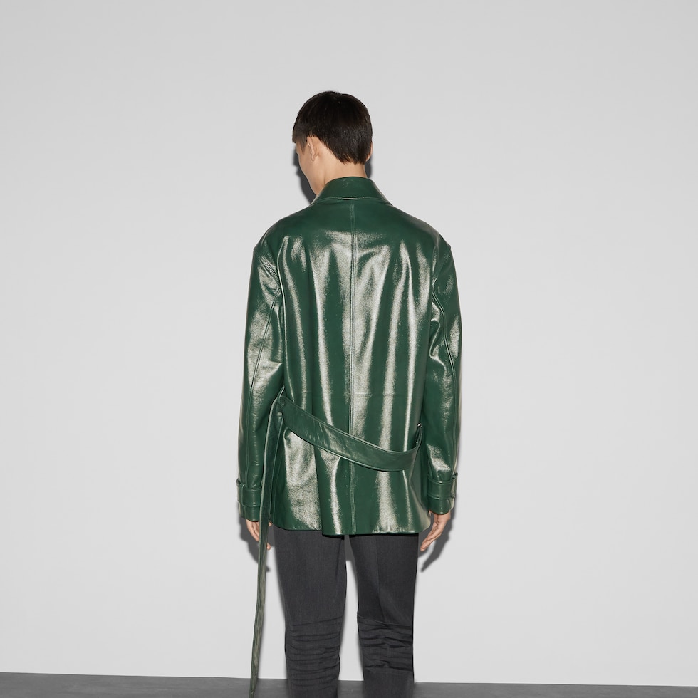 Shiny leather trench coat in dark green | GUCCI® UK