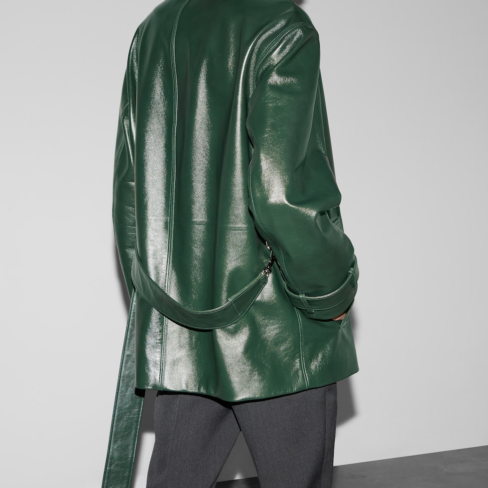 Shiny leather trench coat in dark green | GUCCI® UK