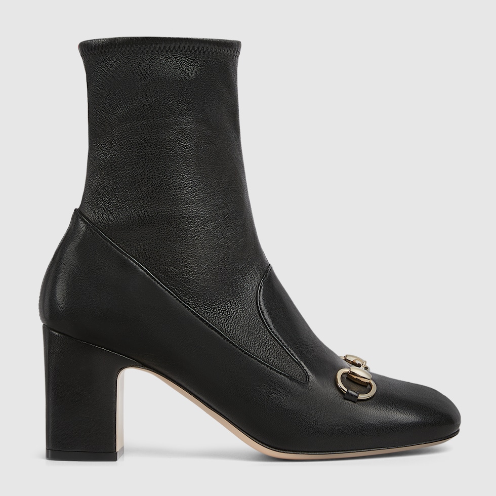 Women s Horsebit ankle bootie in black stretch leather GUCCI AE