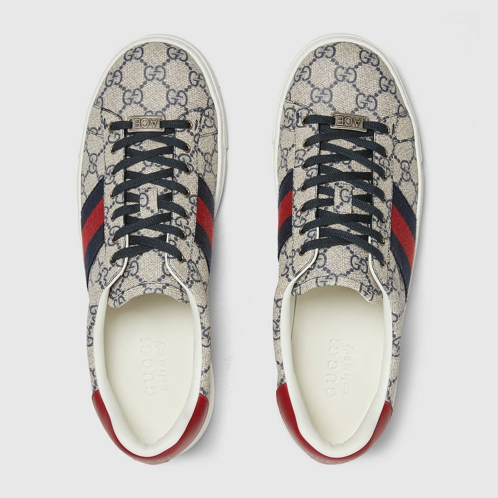 Men's Gucci Ace trainer with Web in beige and blue GG Supreme