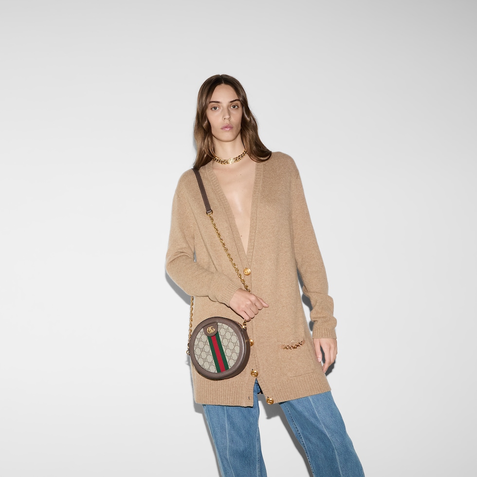 Runde Ophidia Mini-Schultertasche mit GG in beige- und 