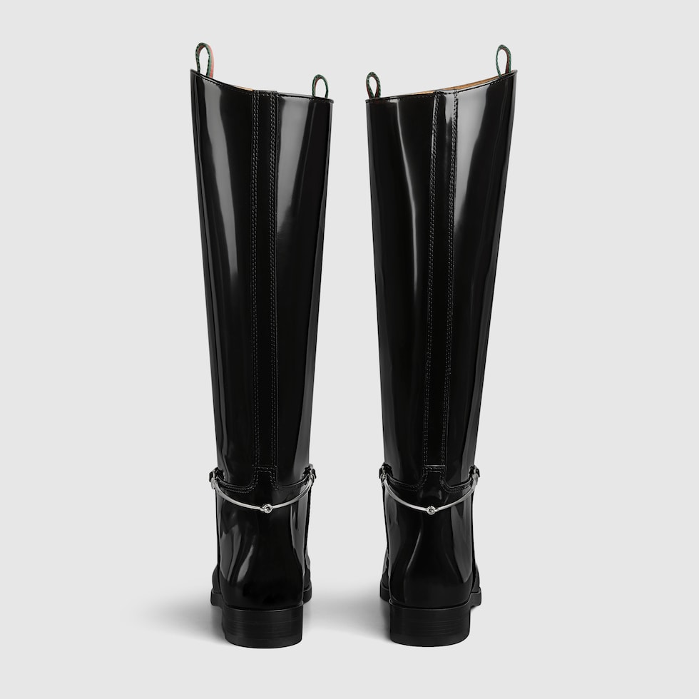 パンプス GUCCI Black Leather Boots Women's boot with slim Horsebit in black shiny leather