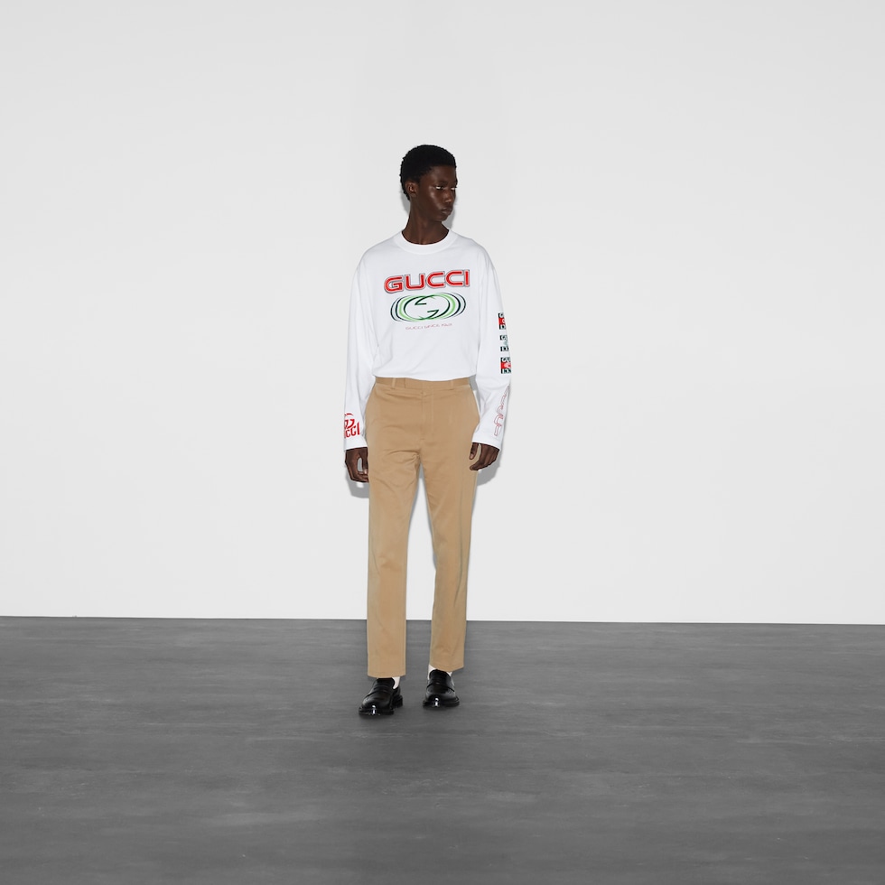 Cotton gabardine pant with Web in beige | GUCCI® US