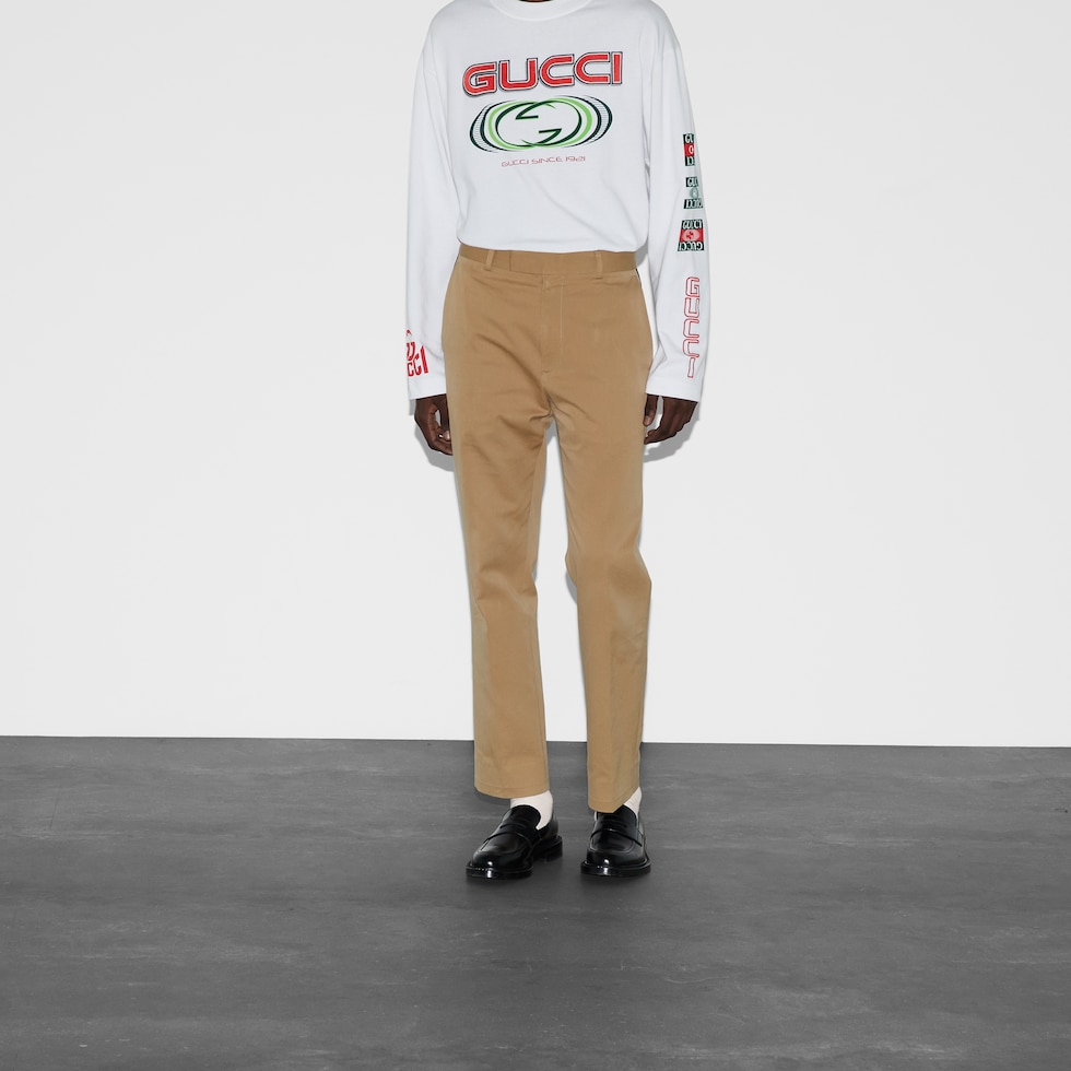 パンツ GUCCI COTTON TROUSERS Gucci Cotton Casual Trousers With Striped Logo For Men Tawny