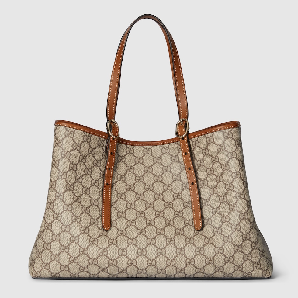 Borsa shopping GG Emblem misura media in tessuto beige e marrone scuro GUCCI Italia