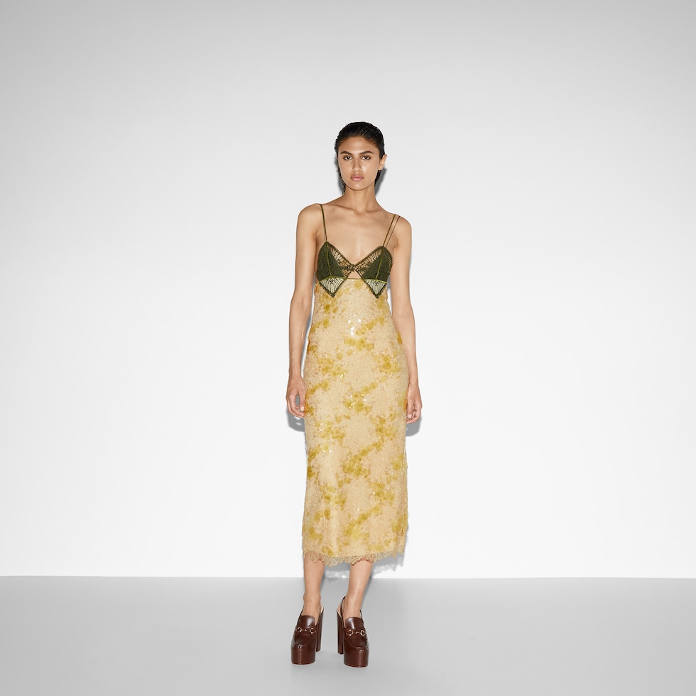 Lace dress in pale yellow and deep green GUCCI Canada