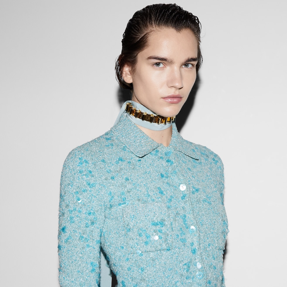 Tweed blend polo cardigan in turquoise | GUCCI® US