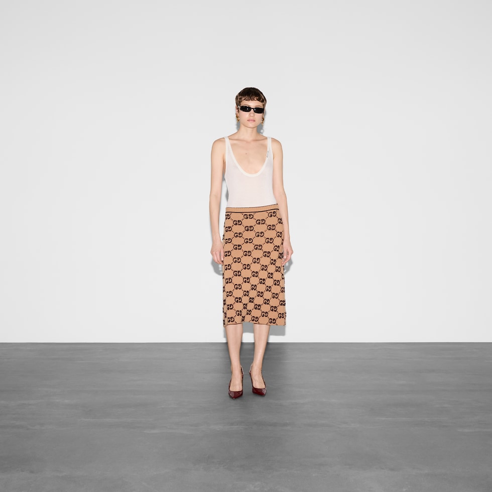 GG wool bouclé jacquard skirt in camel and brown | GUCCI® US