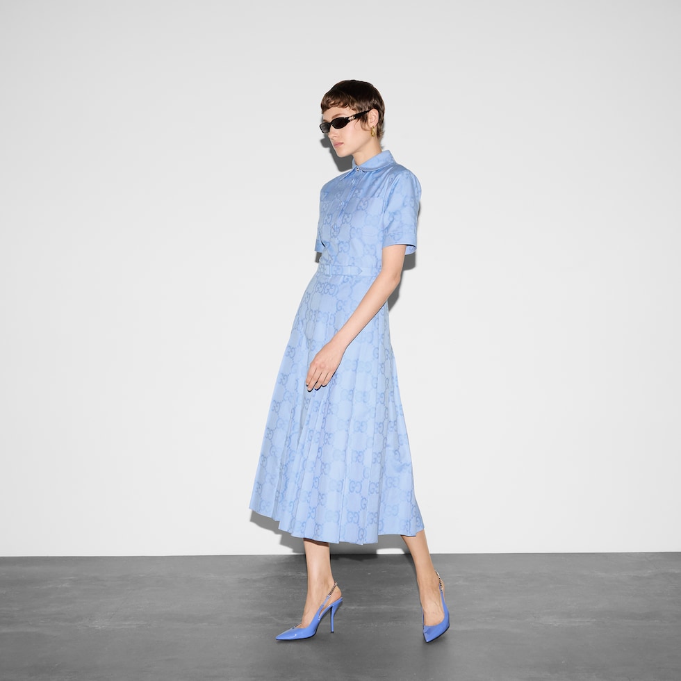 Cotton poplin midi dress in light blue | GUCCI® SI Cotton poplin midi dress in light blue | GUCCI® SI