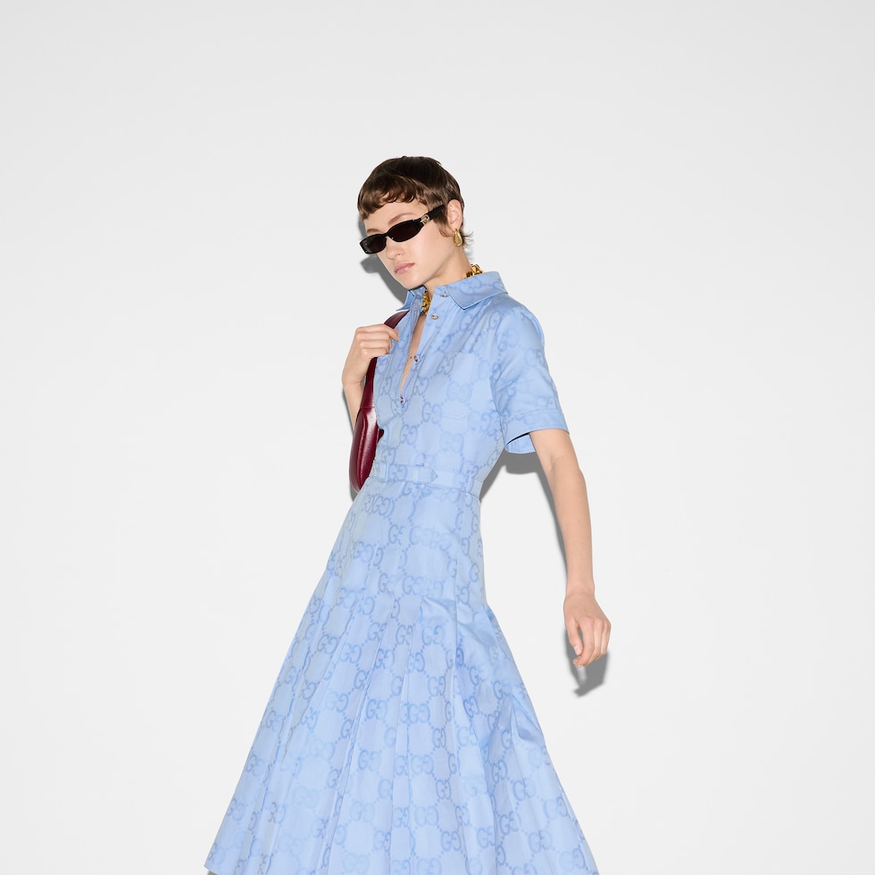 Cotton poplin midi dress in light blue | GUCCI® SI