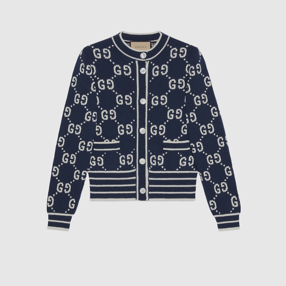 GG cotton jacquard cardigan in dark blue | GUCCI® US