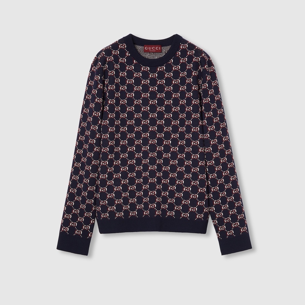 Wool jacquard sweater with GG Shadow in blue and burgundy GUCCI AE