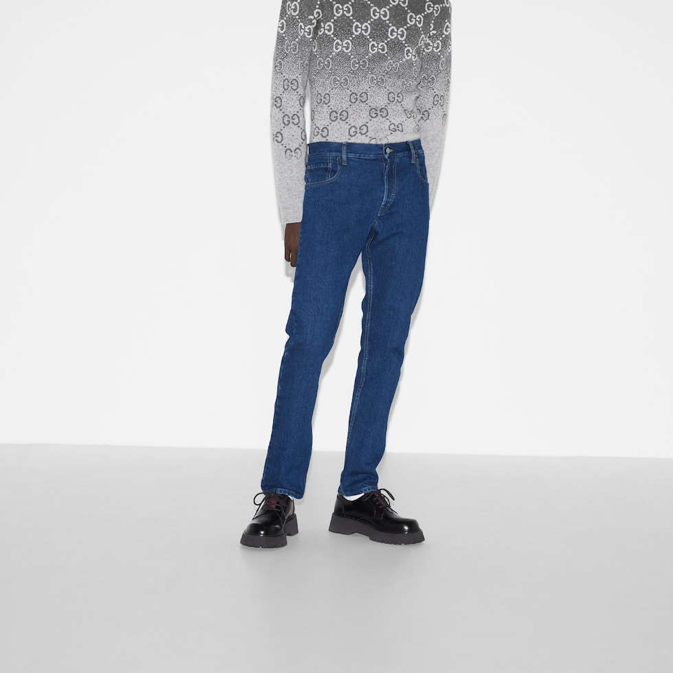 Tapered denim pant with Web in blue GUCCI Canada