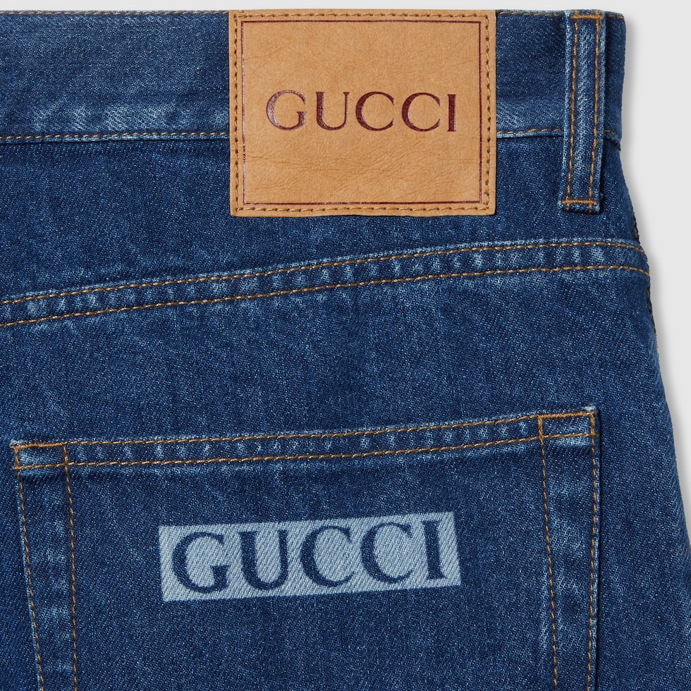 Tapered denim pant with Web in blue GUCCI US