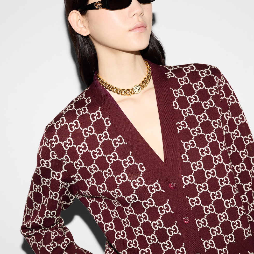 Reversible GG wool jacquard cardigan in bordeaux and white