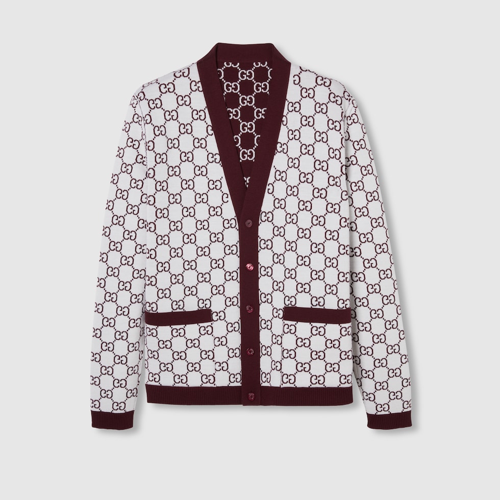 Reversible GG wool jacquard cardigan in bordeaux and white