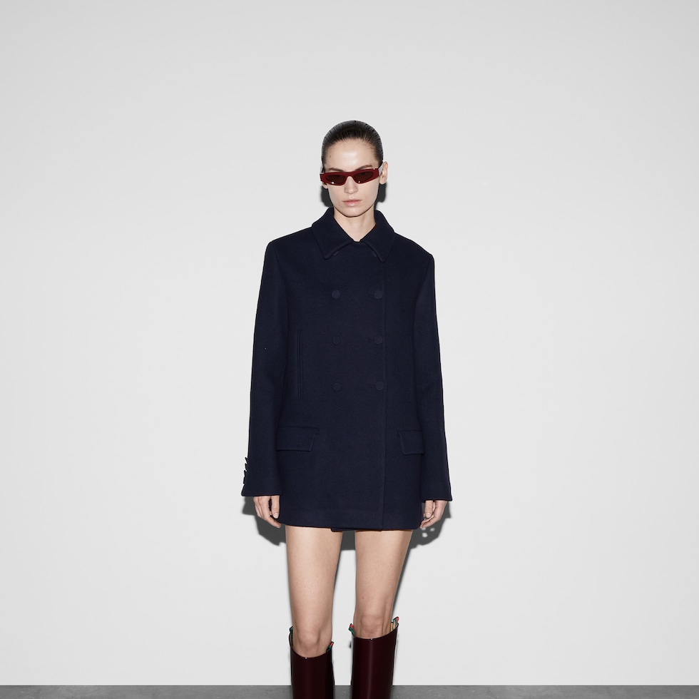GUCCI＊Batavia wool coat ウール ダブルブレストコート＊送料込 グッチ ブルーのウール ロング ダブルブレスト コート (GUCCI