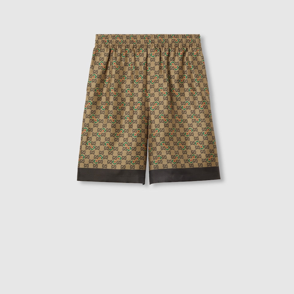 日本未入荷【GUCCI】ホースビット プリント シルクツイル パンツ GG ホースビット プリント シルクツイル ショートパンツキャメル