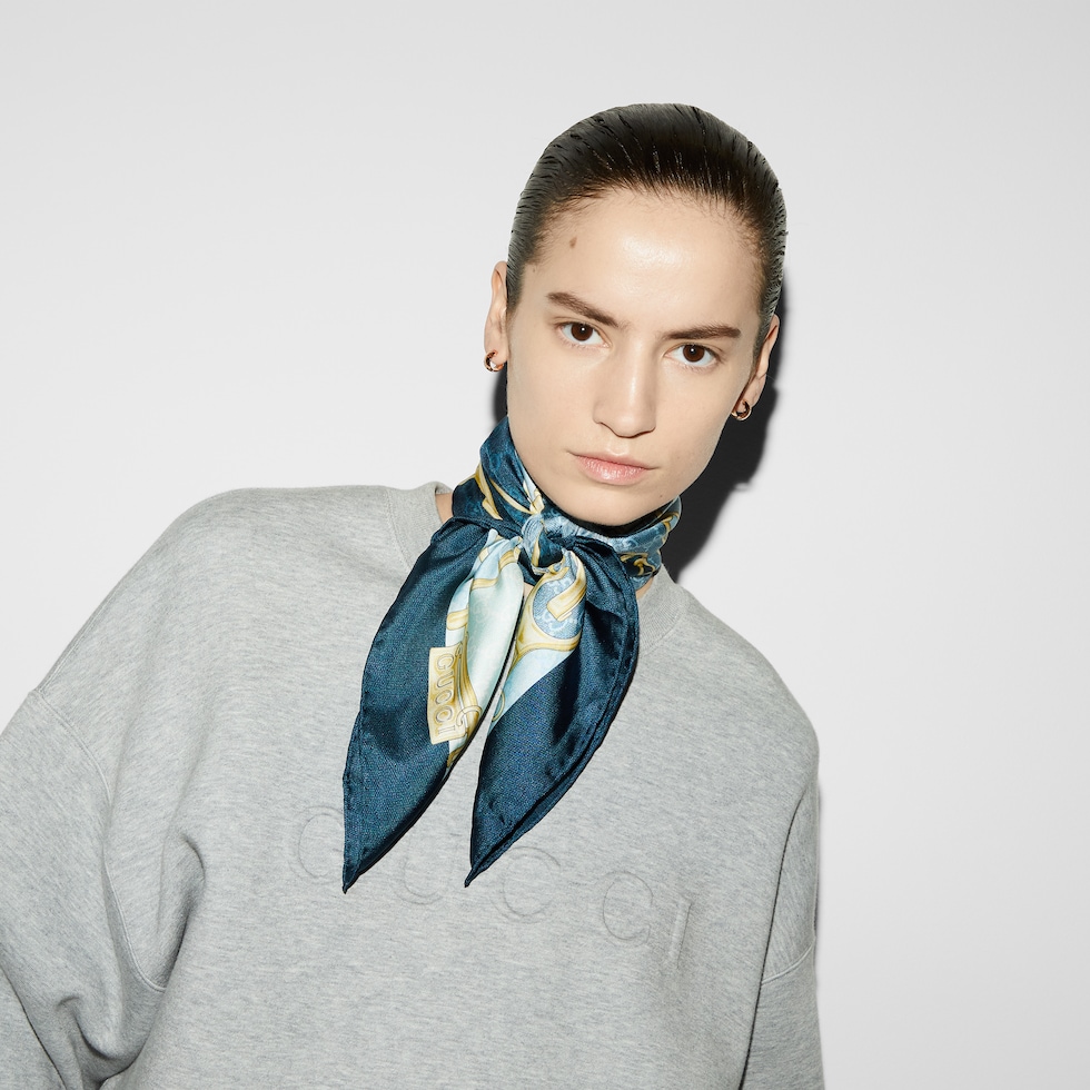 Printed silk carré in blue and light blue | GUCCI® US Printed silk carré in blue and light blue | GUCCI® US