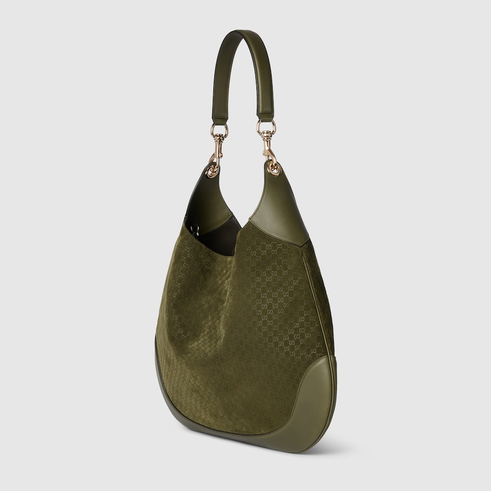 Gucci B medium shoulder bag in dark green GG suede | GUCCI® US