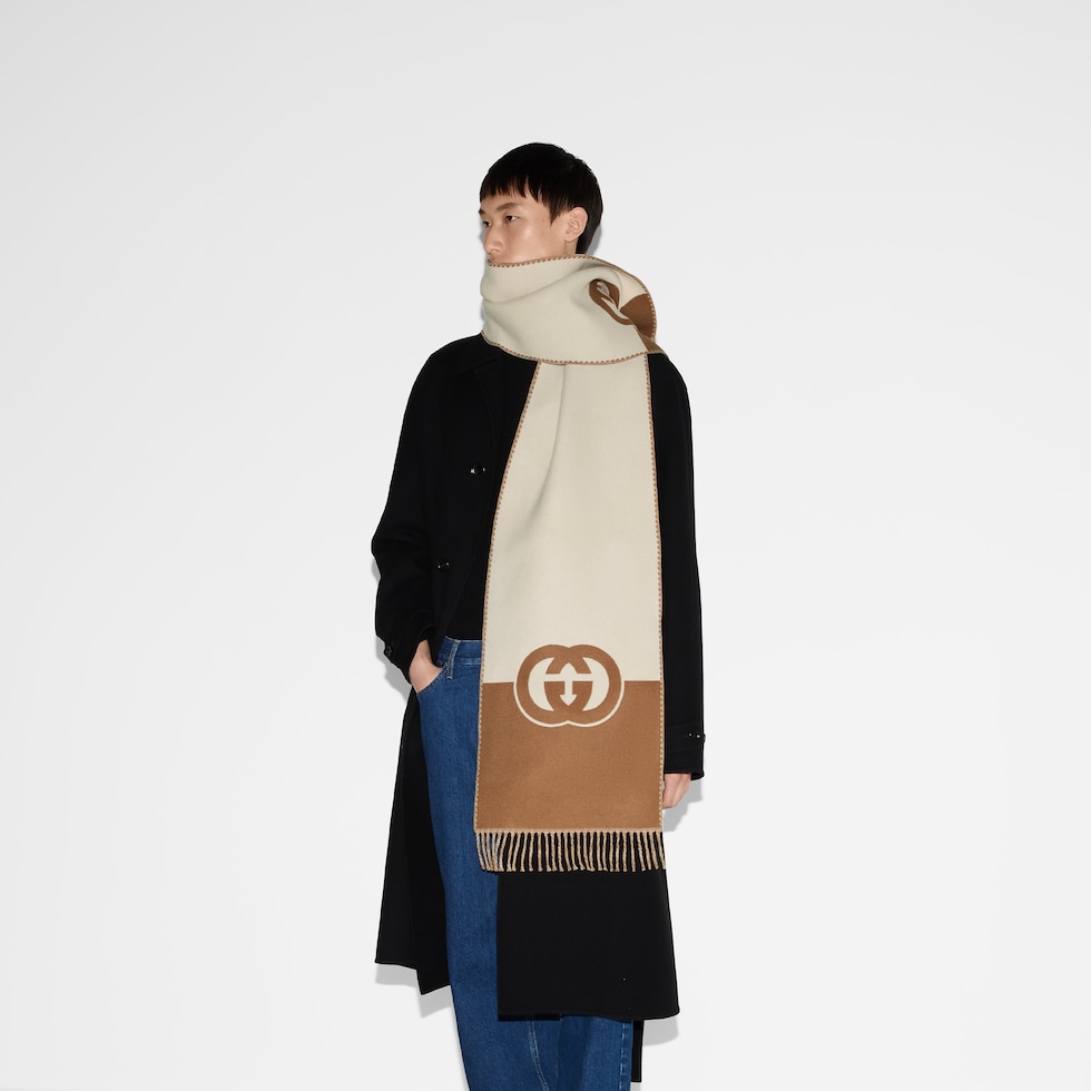 インターロッキングG付き ウールカシミア スカーフアイボリー インターロッキングG付き ウールカシミア スカーフアイボリー