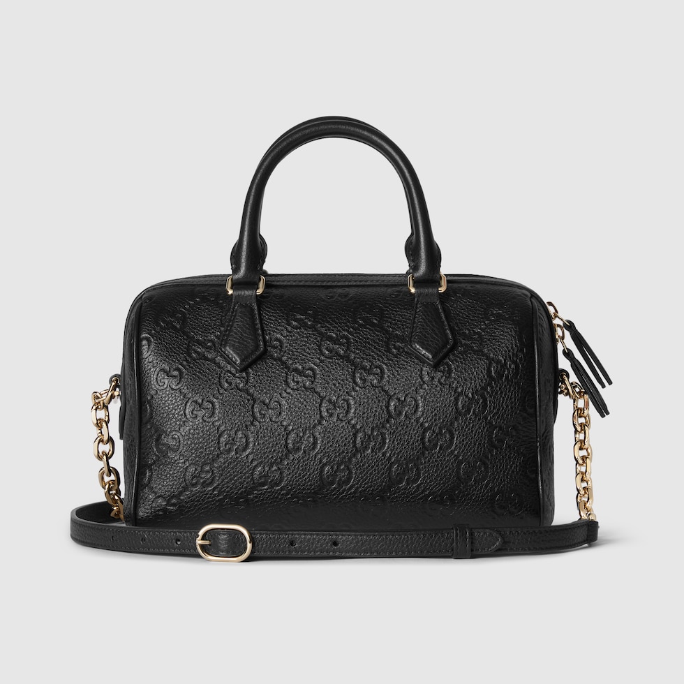 GG Emblem small top handle bag in black GG leather | GUCCI® US GG Emblem small top handle bag in black GG leather | GUCCI® US