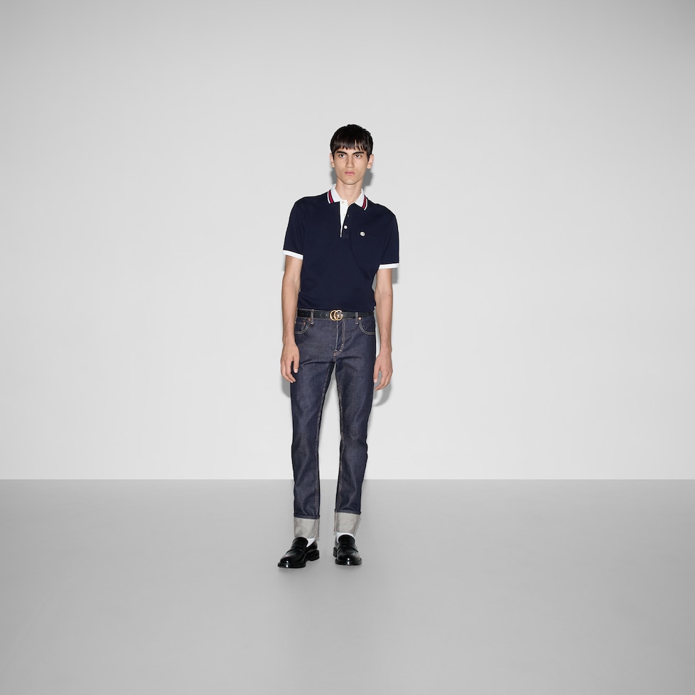 Cotton piquet polo with Double G in navy | GUCCI® US Cotton piquet polo with Double G in navy | GUCCI® US