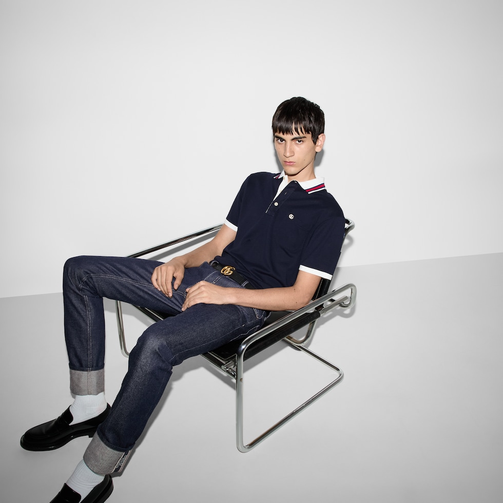 Cotton piquet polo with Double G in navy | GUCCI® US Cotton piquet polo with Double G in navy | GUCCI® US