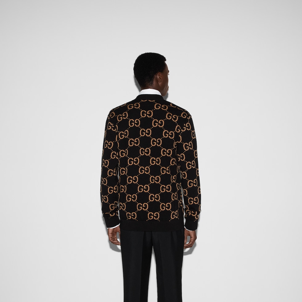 GG wool jacquard cardigan in black and camel | GUCCI® TH