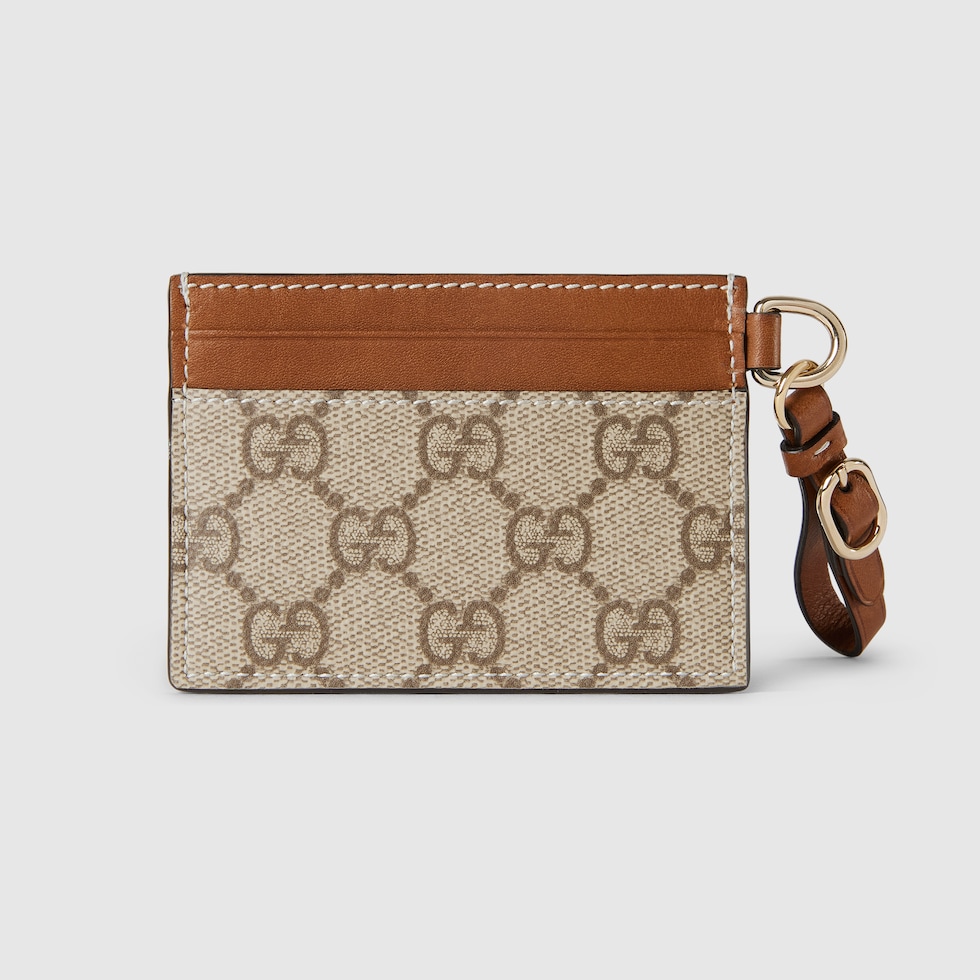 ★フラグメントケース★【GUCCI】GGエンブレムカードホルダー GG Emblem card case with strap in beige and dark brown