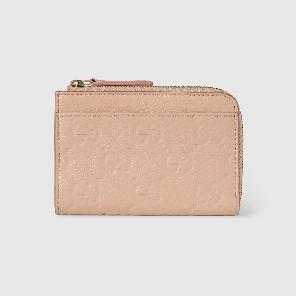 GG Emblem zip card case in light pink leather | GUCCI® US GG Emblem zip card case in light pink leather | GUCCI® US