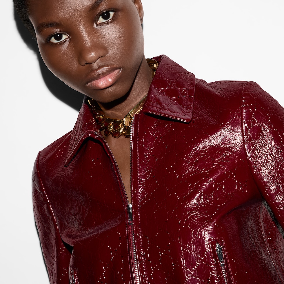 GG embossed leather bomber jacket in Rosso Ancora red