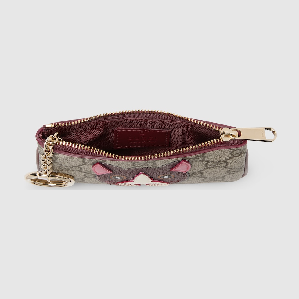 GG key pouch with cat detail in beige and dark brown fabric