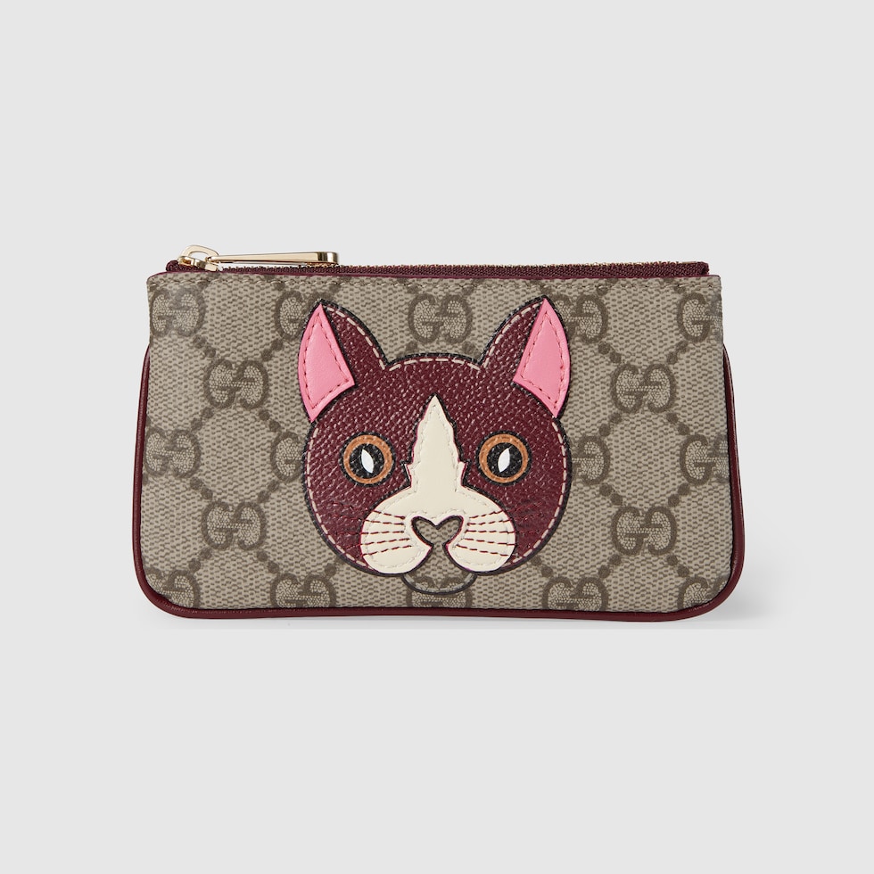 GG key pouch with cat detail in beige and dark brown fabric
