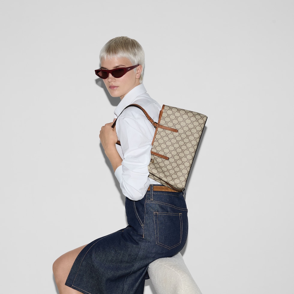 GGエンブレム〕ミディアム トートバッグ ・ベージュ＆ダーク