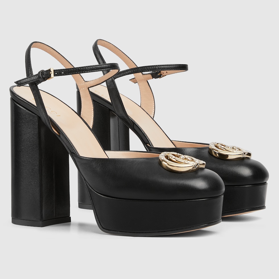 Women s platform pump with Double G in black leather GUCCI US