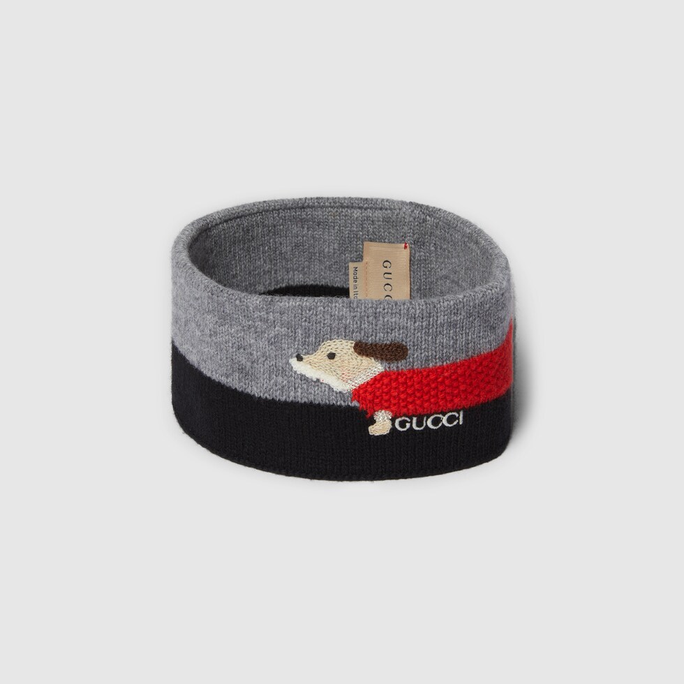 グッチ　カチューシャ　子供用 Children's embroidered wool hairband in grey and black