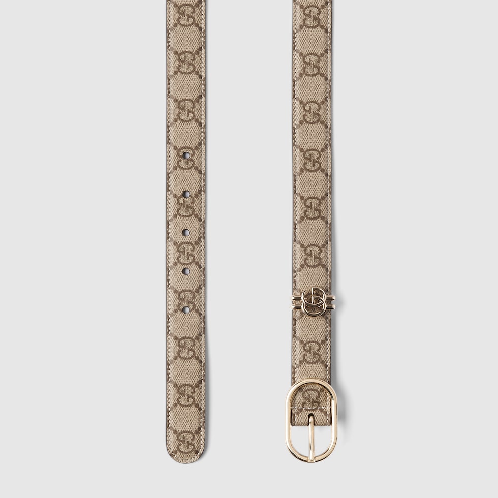 GG belt with oval buckle in beige and dark brown fabric