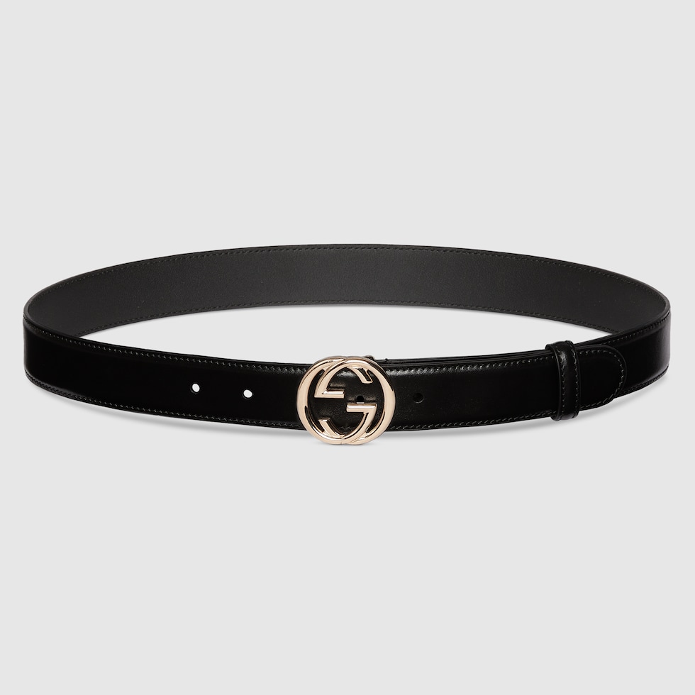 Belt with Interlocking G buckle in black leather | GUCCI® US